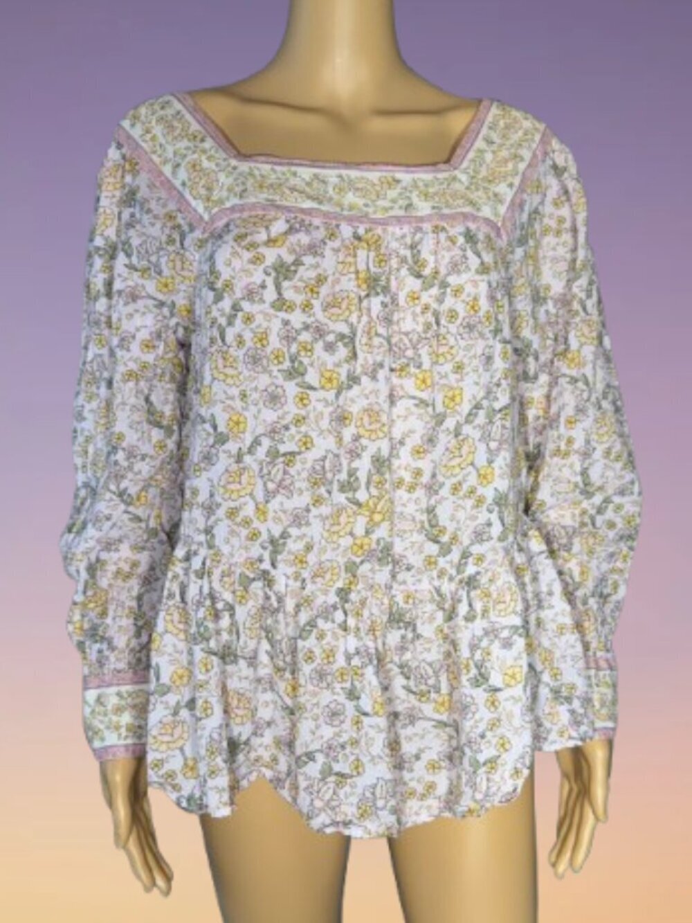 American Eagle Peplum Square Neck Purple Floral Long Sleeve Top Size XS
